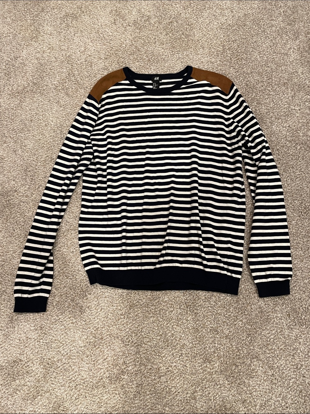 H&M Black and White Striped Crewneck Sweater with Brown Shoulder Panels